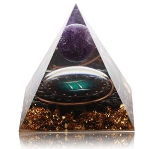 12 zodiac orgone crystal pyramid, natural amethyst with obsidian,healing crystals pyramid for protection chakra, unique constellation pyramid for positive energy, healing money health(gemini)