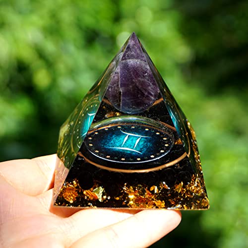 12 Zodiac Orgone Crystal Pyramid, Natural Amethyst with Obsidian,Healing Crystals Pyramid for Protection Chakra, Unique Constellation Pyramid for Positive Energy, Healing Money Health(Gemini)