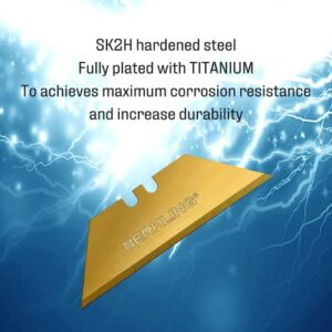 Berkling Utility Knife Blades Titanium Fully Plated 50-Pack With Dispenser, SK2H Laser Sharpened Hardened, Ultra 3X Sharper and 15X More Durable, Standard T-Shape for Most of Cutters & Knives