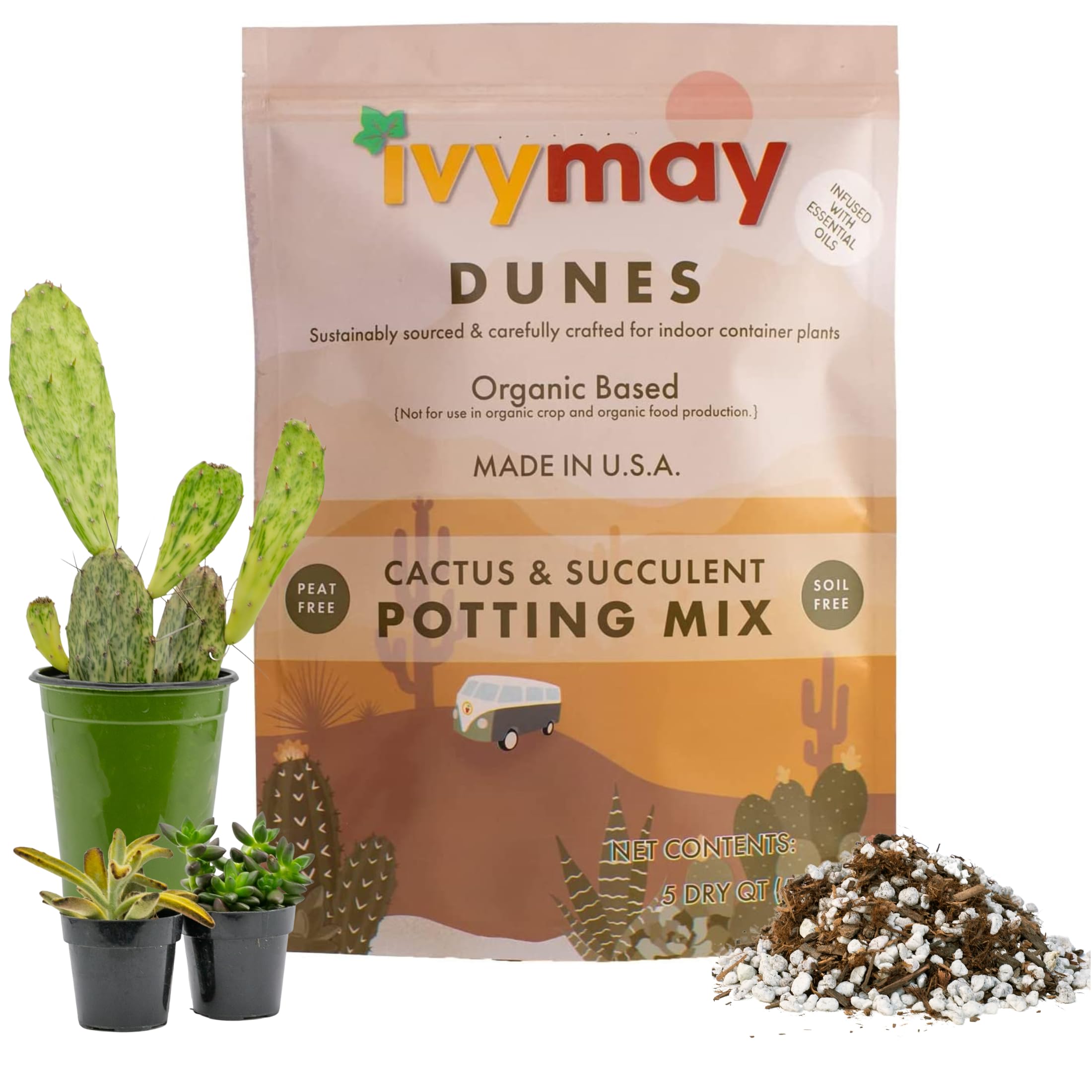 IvyMay Dunes Succulent Soil ― Organic Cactus Soil Potting Mix for Succulents, Ready to Use Potting Soil Indoor Plants with Perlite, Pumice, Earthworm Castings, Essential Oils ― 5 qt