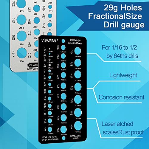 Drill Bit Gauge Fractional Drill Bit Size Gauge, Stainless Steel Drill Gauge, 29-Holes Standard Metric Size Drill Bit Gauge for 1/16 Inch to 1/2 Inch Drill Bit Index, 1pc Black+1pc Silver