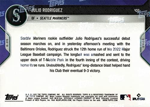 2022 Topps Now Baseball #432 Julio Rodriguez Rookie Card Mariners - Only 1,934 made!