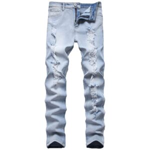 maiyifu-gj ripped slim fit jeans for men distressed destroyed straight leg denim pants retro hip hop washed jean trousers (light blue 2,30)