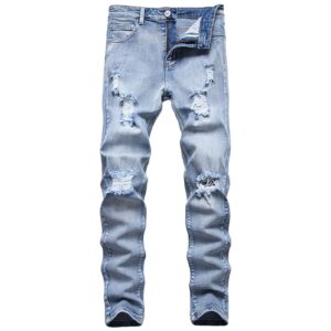 maiyifu-gj ripped slim fit jeans for men distressed destroyed straight leg denim pants retro hip hop washed jean trousers (light blue 1,40)