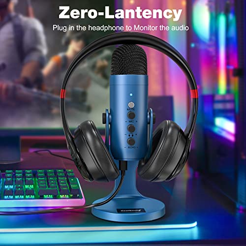 ZealSound USB Microphone,Condenser Gaming Mic for Phone/Laptop/PC/PS4/5/Computer,Microphone with Gain Knob,LED Mute,Monitor Volume Adjustment,Stand Base for Streaming, Podcast, Studio Recording (Blue)