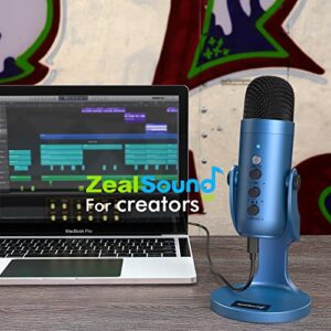 ZealSound USB Microphone,Condenser Gaming Mic for Phone/Laptop/PC/PS4/5/Computer,Microphone with Gain Knob,LED Mute,Monitor Volume Adjustment,Stand Base for Streaming, Podcast, Studio Recording (Blue)