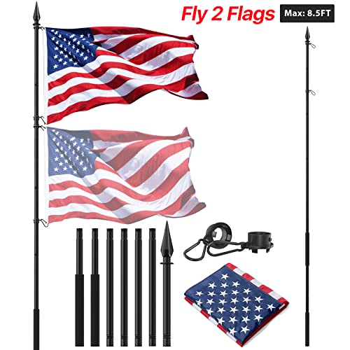 Handheld Flag Pole with Obelisk Topper, 5 to 8.5FT Pole and Embroidered American Flag for Outside Portable Carry Use, Extendable Heavy Duty Black Flagpole Kit to Fly 2 Flags Together, Spear Finial