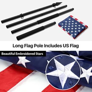 Handheld Flag Pole with Obelisk Topper, 5 to 8.5FT Pole and Embroidered American Flag for Outside Portable Carry Use, Extendable Heavy Duty Black Flagpole Kit to Fly 2 Flags Together, Spear Finial