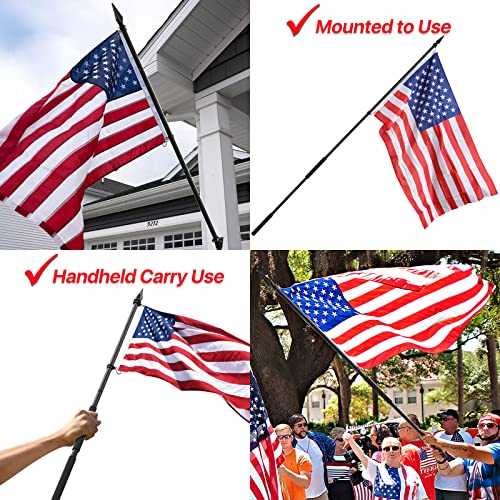 Handheld Flag Pole with Obelisk Topper, 5 to 8.5FT Pole and Embroidered American Flag for Outside Portable Carry Use, Extendable Heavy Duty Black Flagpole Kit to Fly 2 Flags Together, Spear Finial