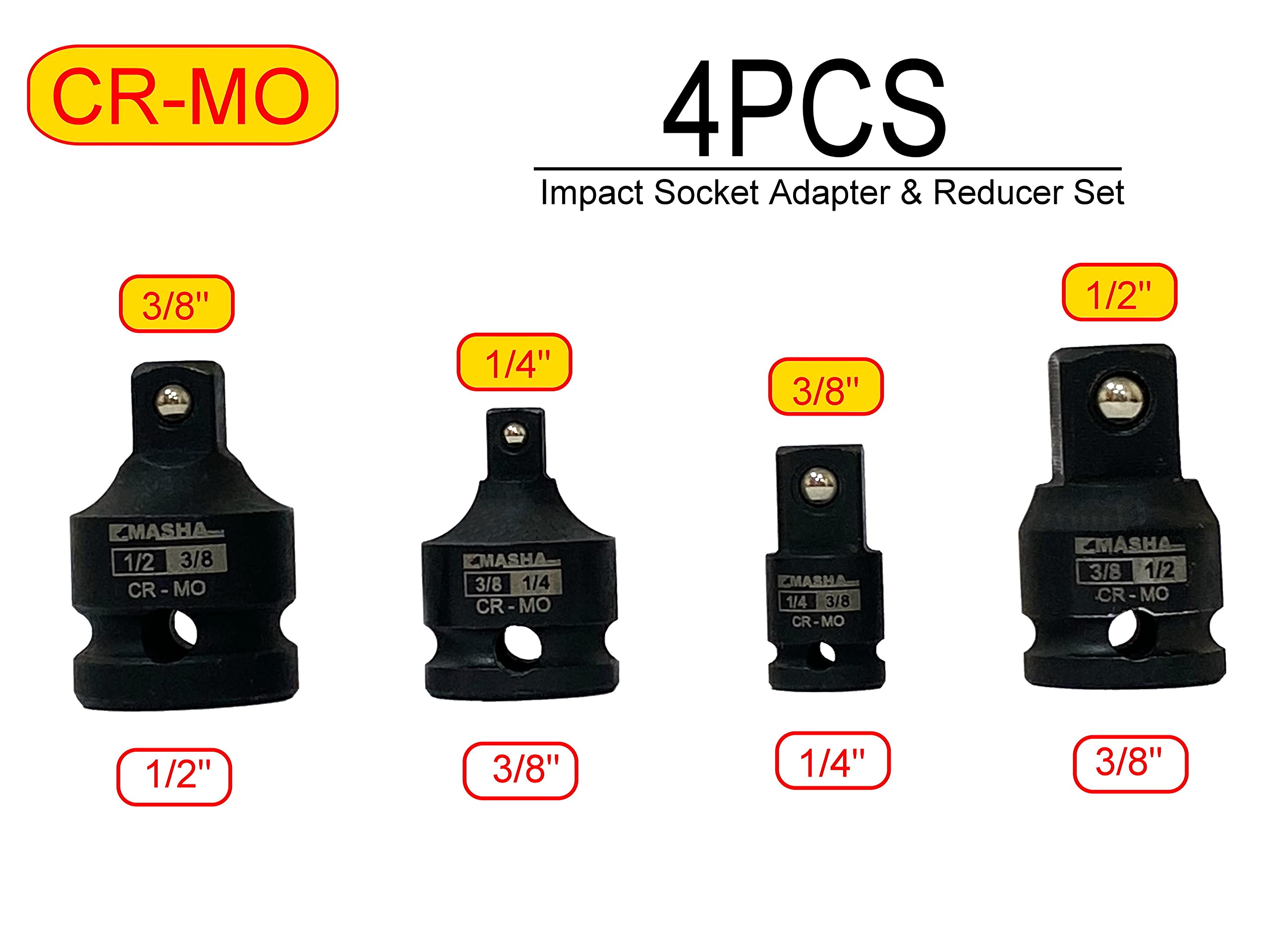 Masha Tools-Impact Socket Adapter and Reducer Set / 4 Piece Set / 1/4” – 3/8” – 1/2” Impact Driver Conversions/Chrome Molybdenum Steel (CF-AD1238)