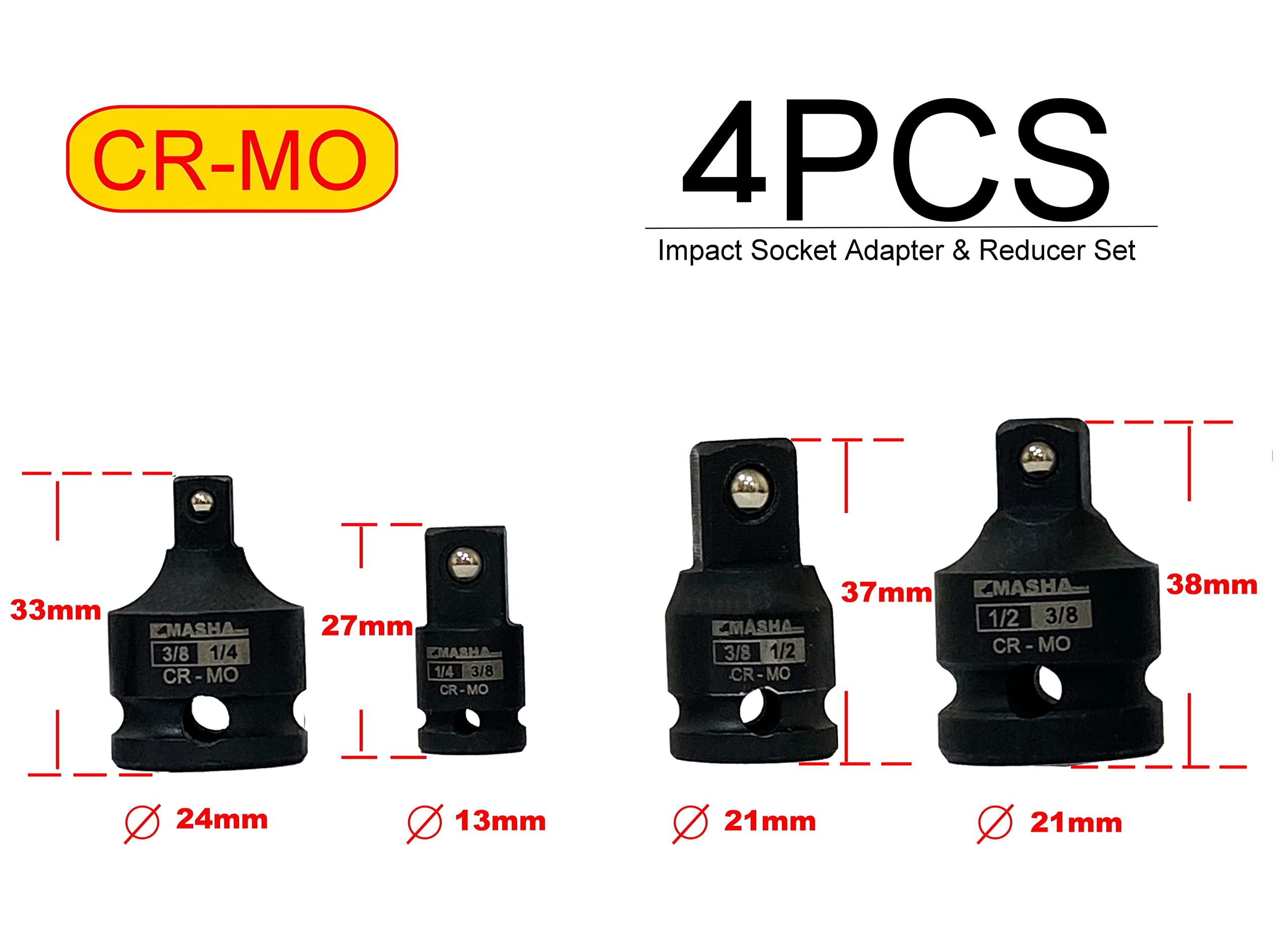 Masha Tools-Impact Socket Adapter and Reducer Set / 4 Piece Set / 1/4” – 3/8” – 1/2” Impact Driver Conversions/Chrome Molybdenum Steel (CF-AD1238)