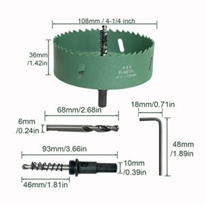 4-1/4 Inch Hole Saw, HSS Bi-Metal Hole Saw Kit, Cutting Dia 108mm Hole Saw Set, 36mm Cut Depth, 3 Drills Replacements Hole Saw Kit for Wood, Plasterboard, PVC, Drywall, MDF