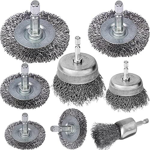 Wire Brush Wheel Cup Brush Set, 8 Piece 1/4Inch Hex Shank Coarse Crimped Carbon Steel Wire Wheel for Removal, Stripping and Abrasive for Drill Attachment