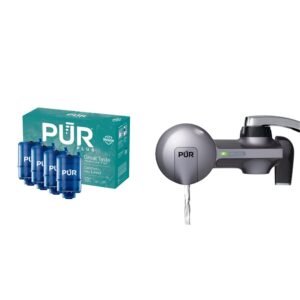 pur plus mineral core faucet mount water filter replacement (4 pack) & plus faucet mount water filtration system, metallic grey – horizontal faucet mount for crisp, refreshing water, pfm350v