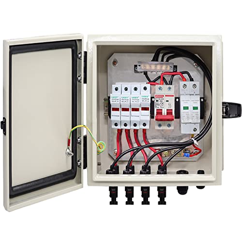 TWTADE Metal Solar Combiner Box,4 String PV Combiner Box with LED 15A Rated Current Fuse and 63A Air Circuit Breaker & Surge Protective Device,for On/Off Grid Solar Panel System