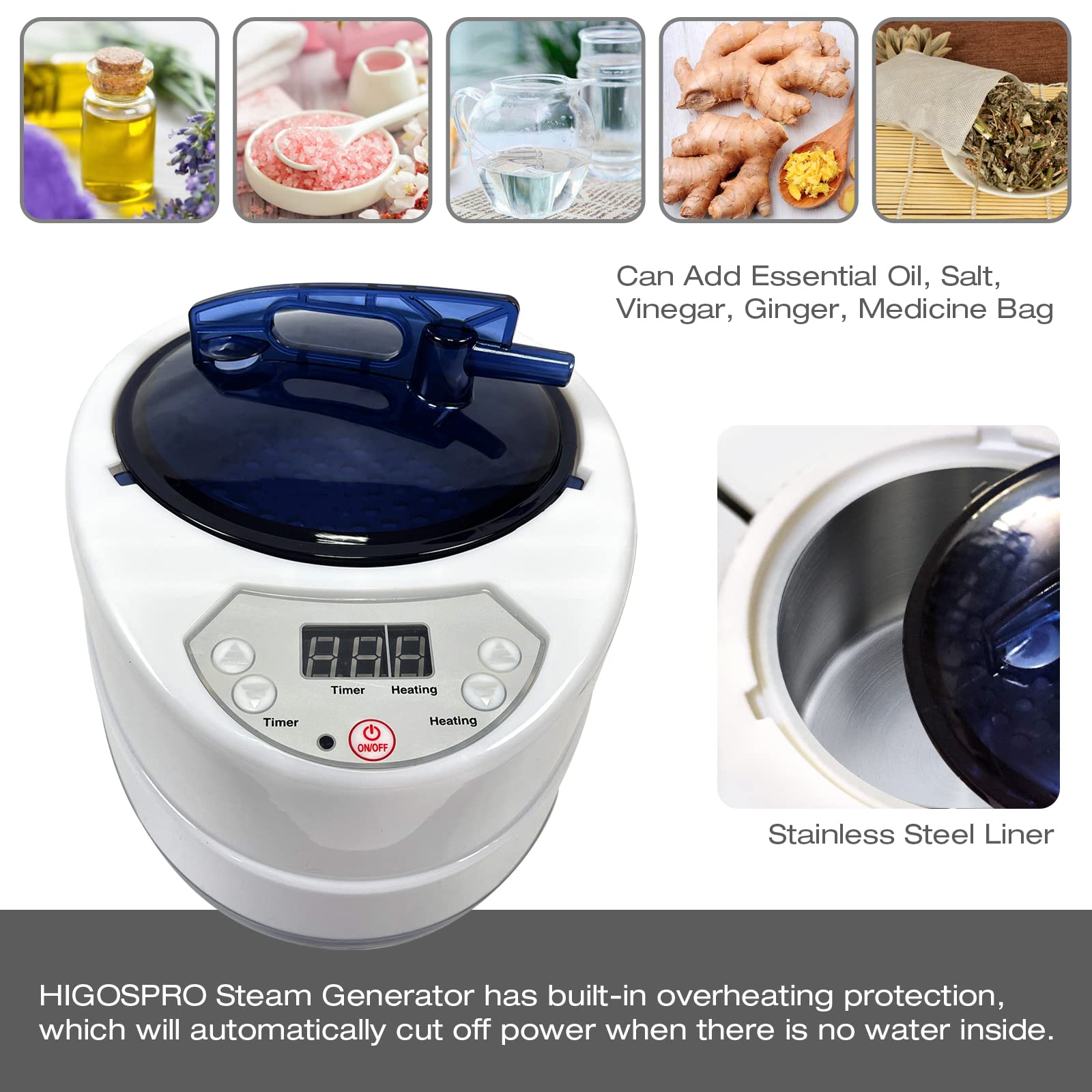 HIGOSPRO 2.6 L Sauna Steamer, Portable Sauna Generator for Sauna, Home SPA Fumigation Steam Machine with Touch Button, Timer Display and Remote Control