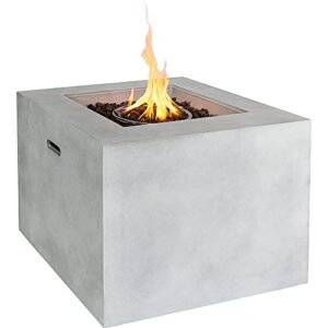 lokingrise 32" square concrete fire pit table, gas fire pit, outdoor concrete fire table, propane fire pit table with cover, included fire pit accessories