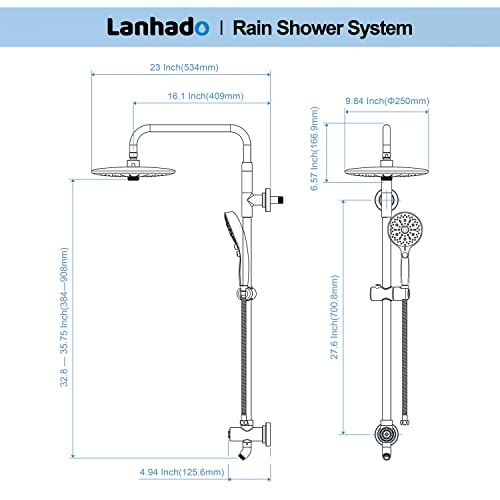 Shower System Slide Lanhado 10” Rain Shower System with 11+1 Multi Functions Handheld Spray High Pressure Shower Faucet Set Shower Slide Bar Chrome Polished