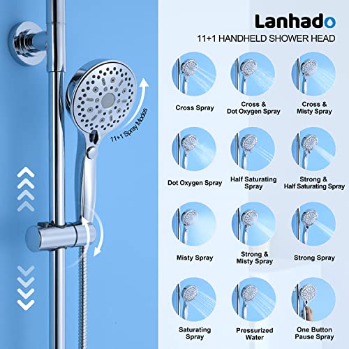 Shower System Slide Lanhado 10” Rain Shower System with 11+1 Multi Functions Handheld Spray High Pressure Shower Faucet Set Shower Slide Bar Chrome Polished