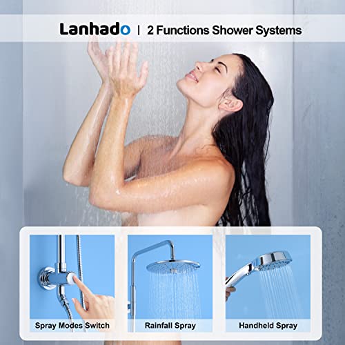 Shower System Slide Lanhado 10” Rain Shower System with 11+1 Multi Functions Handheld Spray High Pressure Shower Faucet Set Shower Slide Bar Chrome Polished