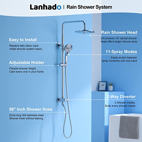 Shower System Slide Lanhado 10” Rain Shower System with 11+1 Multi Functions Handheld Spray High Pressure Shower Faucet Set Shower Slide Bar Chrome Polished