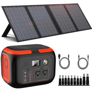 296wh 600w portable power station with 60w solar panel, solar generator outdoor backup battery supply with ac outlet for tent camping, home emergency, traveling, rv trip