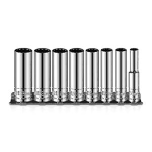 pgroup 1/4 inch drive socket set - 8 piece metric 12-point deep socket set (6mm, 7mm, 8mm, 9mm, 10mm, 11mm, 12mm, 13mm)- cr-v steel with sturdy holder - 50bv30