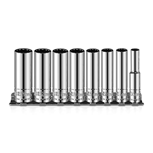 pgroup 1/4 Inch Drive Socket Set - 8 Piece Metric 12-Point Deep Socket Set (6mm, 7mm, 8mm, 9mm, 10mm, 11mm, 12mm, 13mm)- Cr-V Steel with Sturdy Holder - 50BV30