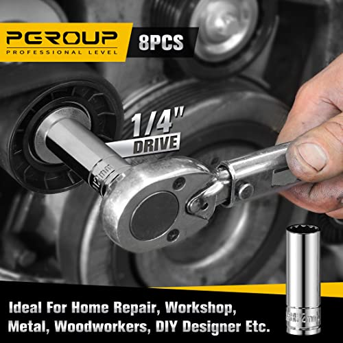 pgroup 1/4 Inch Drive Socket Set - 8 Piece Metric 12-Point Deep Socket Set (6mm, 7mm, 8mm, 9mm, 10mm, 11mm, 12mm, 13mm)- Cr-V Steel with Sturdy Holder - 50BV30