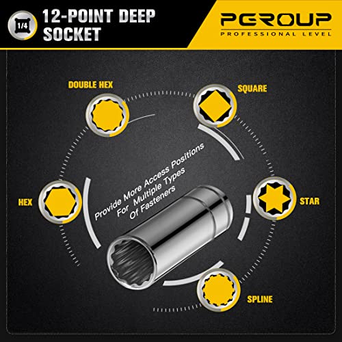 pgroup 1/4 Inch Drive Socket Set - 8 Piece Metric 12-Point Deep Socket Set (6mm, 7mm, 8mm, 9mm, 10mm, 11mm, 12mm, 13mm)- Cr-V Steel with Sturdy Holder - 50BV30