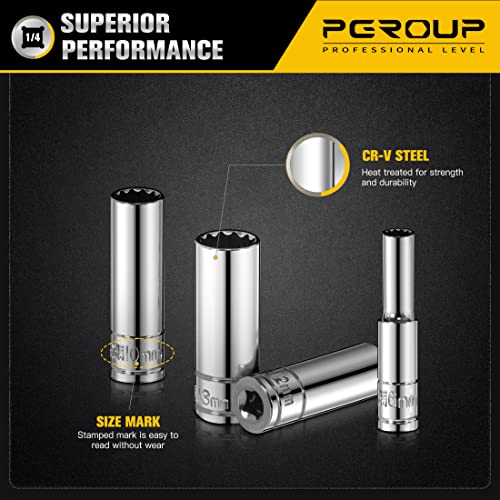 pgroup 1/4 Inch Drive Socket Set - 8 Piece Metric 12-Point Deep Socket Set (6mm, 7mm, 8mm, 9mm, 10mm, 11mm, 12mm, 13mm)- Cr-V Steel with Sturdy Holder - 50BV30