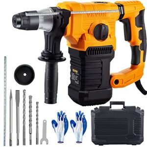 vevor hammer drill, 1500w 1.26", 13a rotary hammer with 3-mode for hammering & drilling concrete, sds plus breaking machine with case, bits, chisels and vibration control system