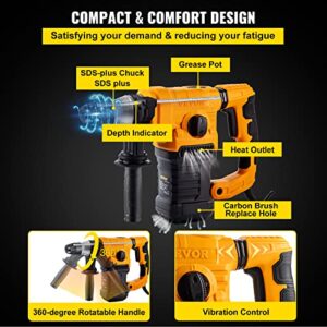 VEVOR Hammer Drill, 1500W 1.26", 13A Rotary Hammer with 3-Mode for Hammering & Drilling Concrete, SDS Plus Breaking Machine with Case, Bits, Chisels and Vibration Control System