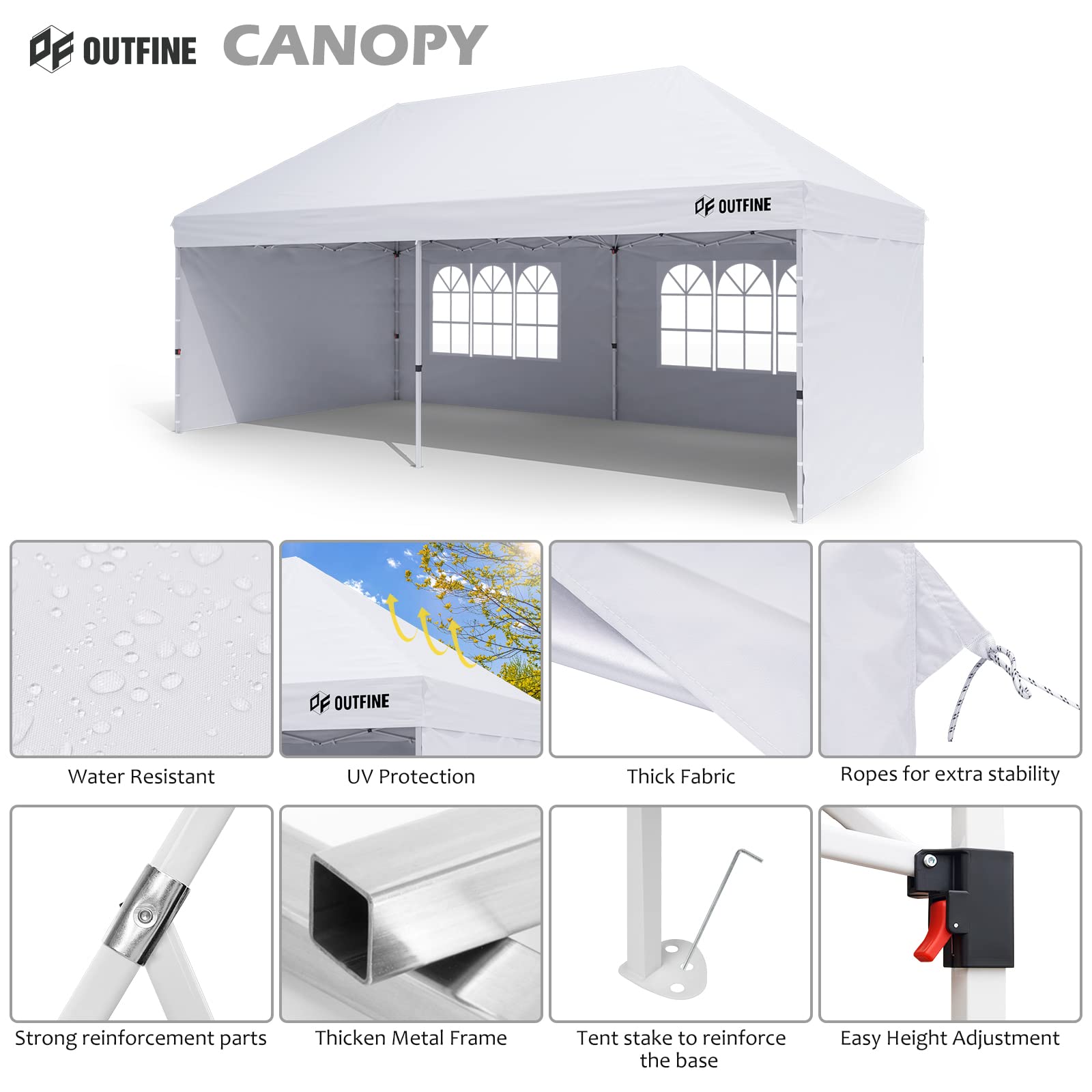 OUTFINE Canopy 10'X20' Pop Up Canopy Gazebo Commercial Tent with 4 Removable Sidewalls, Stakes X12, Ropes X6 for Patio Outdoor Party Events