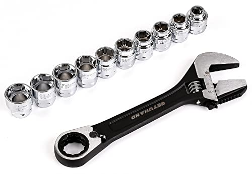 GETUHAND 11Pc Drive Go-Through Standard Mechanic Socket Set, 3/8" Ratchet Socket Wrench Set with 3-IN-1 Black Oxide Adjustable Wrench and Drive 6 Point Socket Set