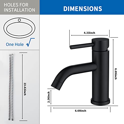 Single Handle Matte Black Bathroom Faucet, Black Bathroom Sink Faucet Single Hole with cUPC Certified Water Supply Lines, Modern SUS 304 Stainless Steel Vanity & RV Lavatory Faucet for 1 Hole Sink