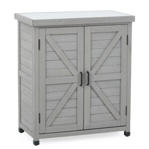potting bench with storage cabinet and metal table top for outdoor patio, garden furniture wood workstation