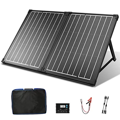 100W Mono Lightweight Portable Solar Panel Kit, 2x50W Solar Suitcase, Waterproof 20A 12V/24V LCD Charge Controller for Both 12V Battery and Generator