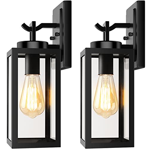 2-Pack Outdoor Wall Light Fixtures, Exterior Waterproof Anti-Rust Wall Lanterns with Glass Shades, Matte Black Porch Sconces Wall Mounted Lighting, E26 Modern Wall Sconces for Patio Front Door Garage