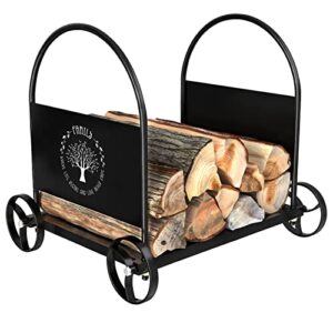 art-giftree small firewood rack holder, decorative fireplace log rack with wheels, iron firewood carriers for indoor/outdoor, heavy duty logs storage stand for fire pit stove accessories - family