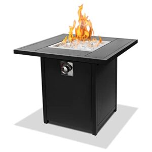 outland living main street 430 model square fire pit table for outside patio – 28" compact outdoor propane gas fire table, black – with glass rocks set, pre-attached 1m hose and regulator