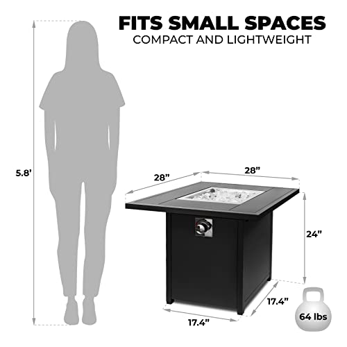 Outland Living Main Street 430 Model Square Fire Pit Table for Outside Patio – 28" Compact Outdoor Propane Gas Fire Table, Black – with Glass Rocks Set, Pre-attached 1m Hose and Regulator