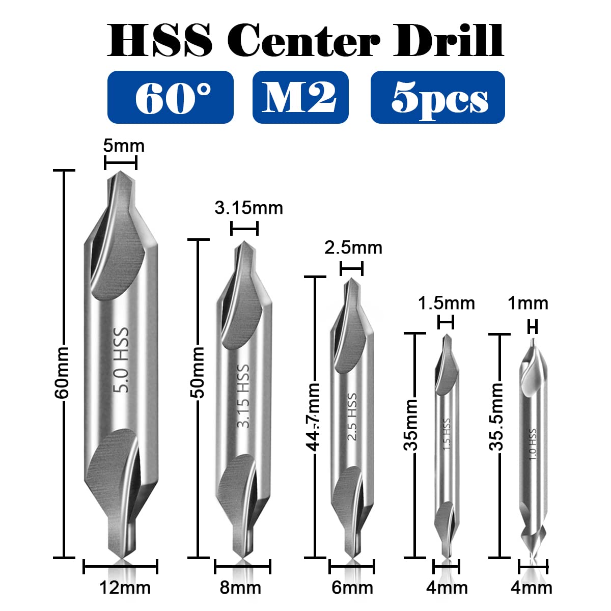 LWCUSNJ 5pcs Center Drill Bits Set, M2 High Speed Steel 60-Degree Angle Countersink Drill Bit for Lathe Metalworking,Size 1 1.5 2.5 3.15 5mm