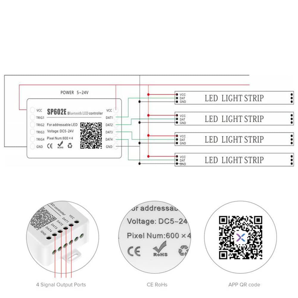 TOPXCDZ SP602E 4CH Output Bluetooth Pixel Led Controller DC5-24V Addressable with Remote WS2811/2815 LED Strip iOS Android Bluetooth App