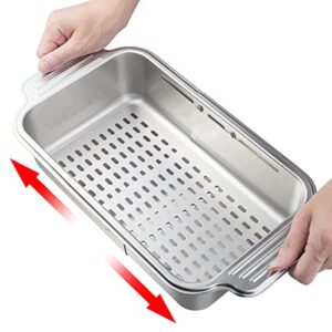choxila extendable over the sink colander stainless steel strainer basket - wash vegetables and fruits, drain cooked pasta and dry dishes - extendable (8.3 w x 13.2-17.5 l x 3 h)