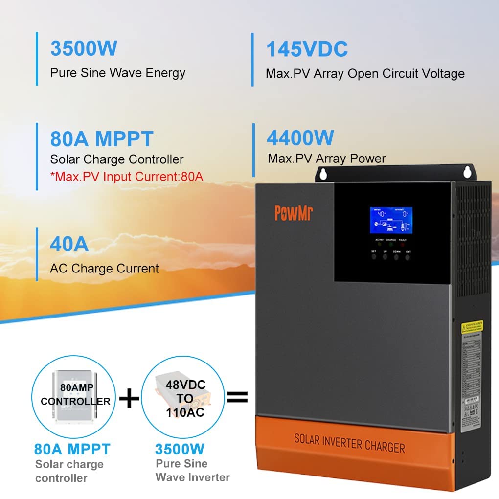 PowMr 5600W Solar Inverter Off Grid Charger 48V Pure Sine Wave Hybrid Inverter 220V with 80A MPPT Charger, All-in-One Hybrid Inverter 48 Volt Lead Acid/Lithium Support Parallel 6 Solar Inverter