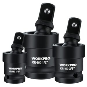 workpro impact universal joint set, 3 piece-1/2", 3/8", 1/4"inch drive swivel socket set, socket adapter set, premium cr-mo steel, impact grade, 360 degree rotation for various angles