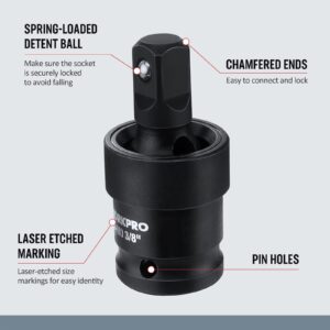 WORKPRO Impact Universal Joint Set, 3 Piece-1/2", 3/8", 1/4"Inch Drive Swivel Socket Set, Socket Adapter Set, Premium CR-MO Steel, Impact Grade, 360 Degree Rotation for Various Angles