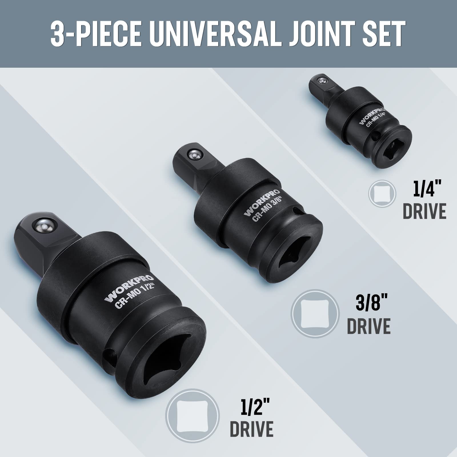 WORKPRO Impact Universal Joint Set, 3 Piece-1/2", 3/8", 1/4"Inch Drive Swivel Socket Set, Socket Adapter Set, Premium CR-MO Steel, Impact Grade, 360 Degree Rotation for Various Angles