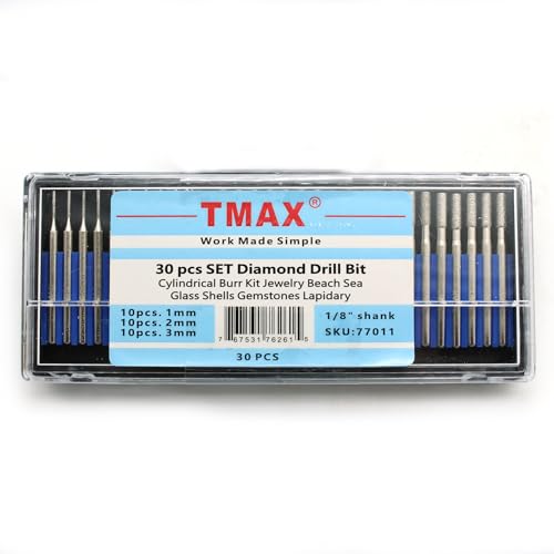 TMAX 30 pcs Set 10x1mm 10x2mm 10x3mm Medium Grit 150 Diamond Drill Bit Cylindrical Burr Kit Jewelry Beach Sea Glass Shells Gemstones Lapidary 1/8" Shank for Dremel and Other Rotary Tools